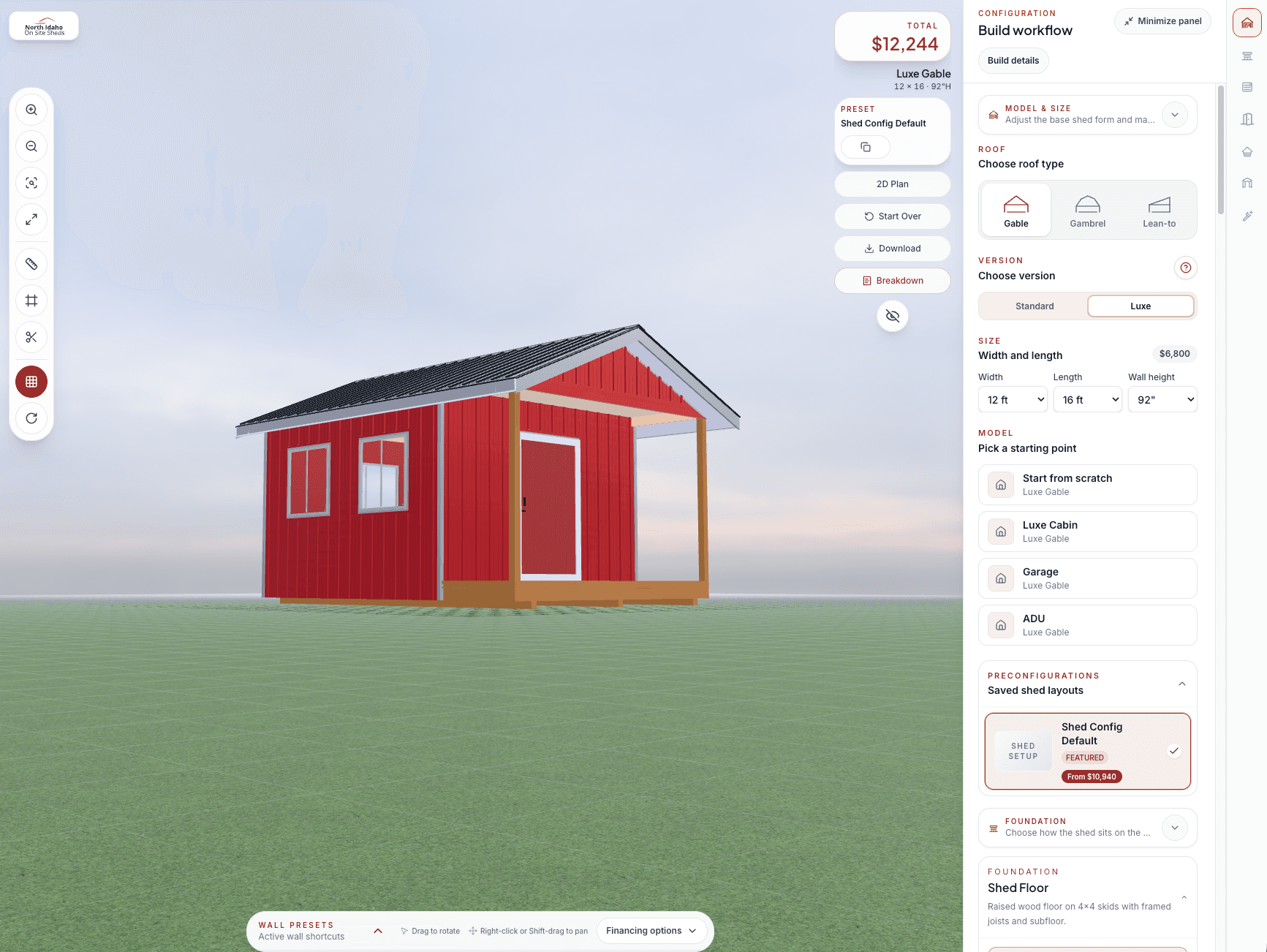 North Idaho On-site Shed's shed builder showing a red shed with porch, windows and a gable roof.