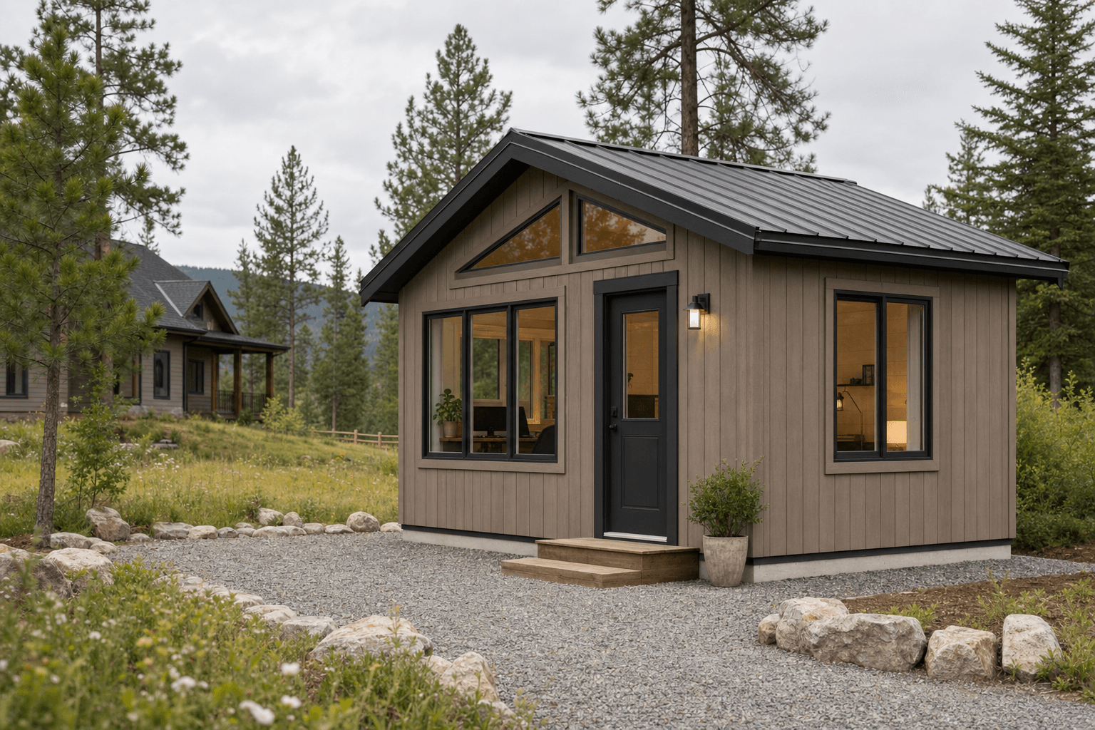 Backyard home office shed with windows on a North Idaho gravel path