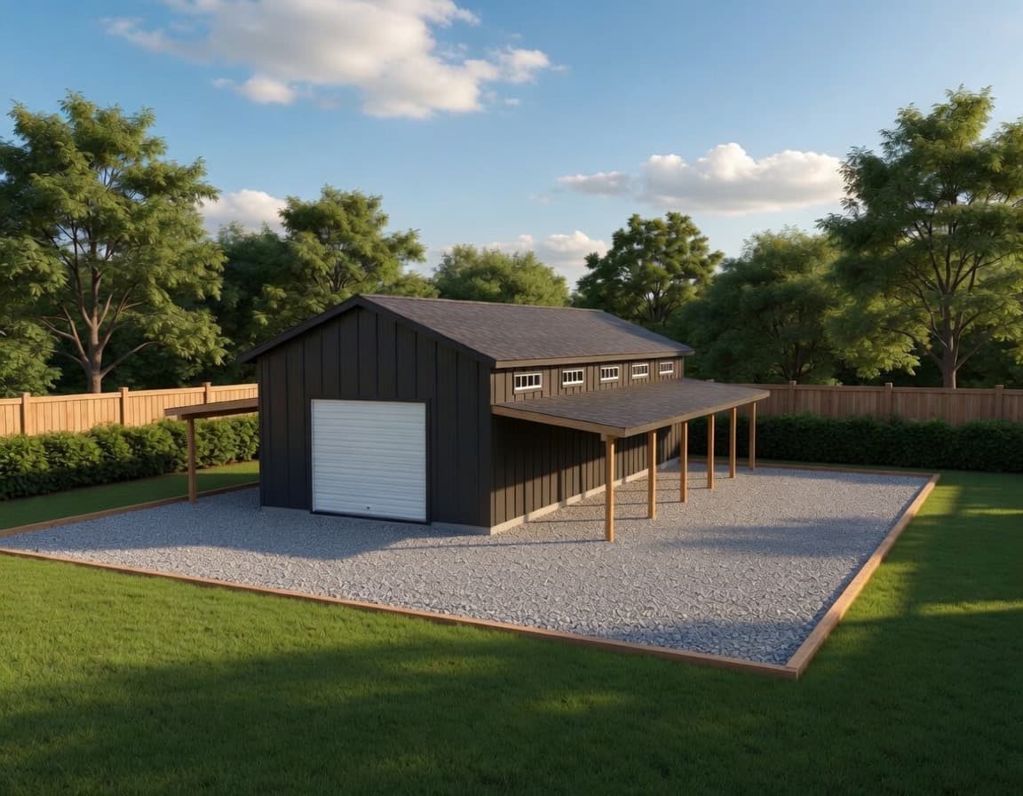 Black custom shed with lean-to overhangs built on-site on a North Idaho property